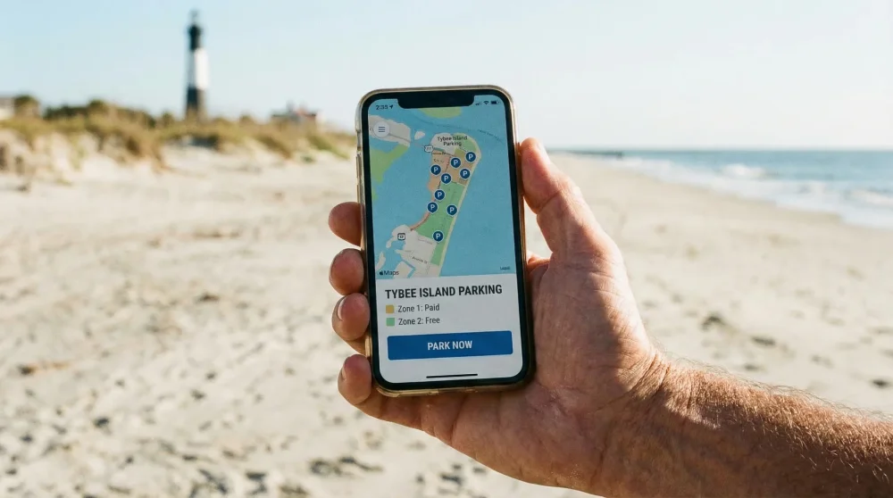A visitor using the ParkTybee mobile app to pay for parking at the beach