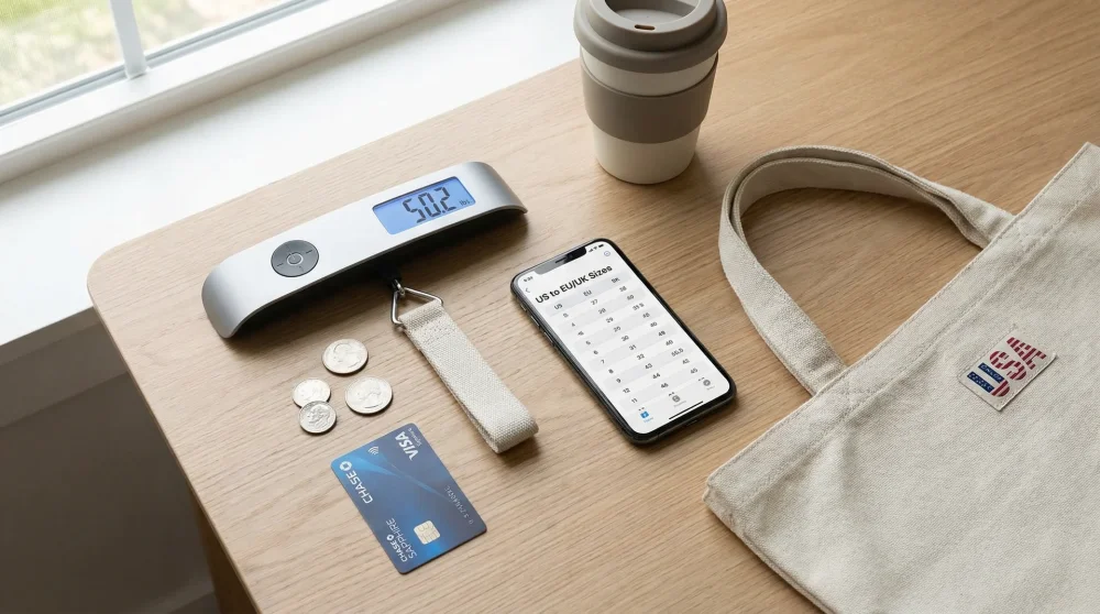 A digital luggage scale and a smartphone with size conversion charts on a wooden desk representing preparation for US shopping.