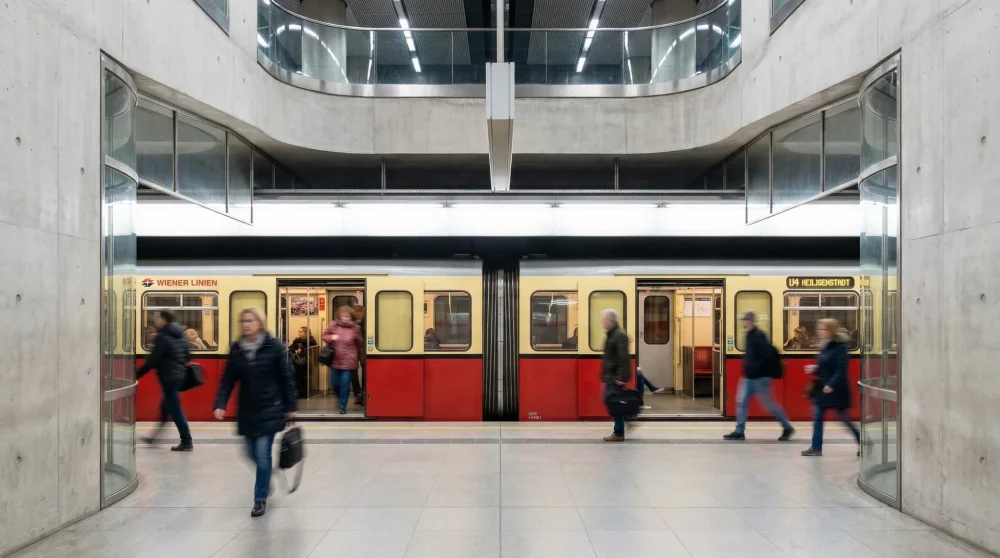 A Vienna U-Bahn train at a modern subway station showing the clean urban transit system