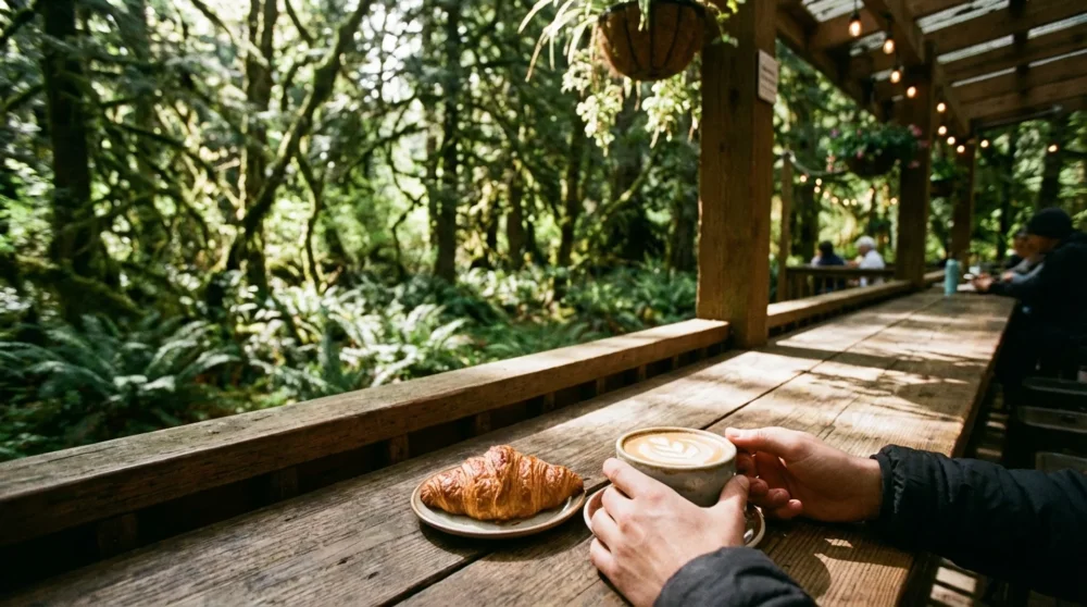 A wooden cafe balcony surrounded by native Australian trees with a coffee cup on the table