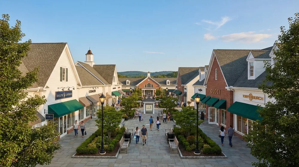 The colonial style architecture and storefronts of Woodbury Common Premium Outlets in New York.