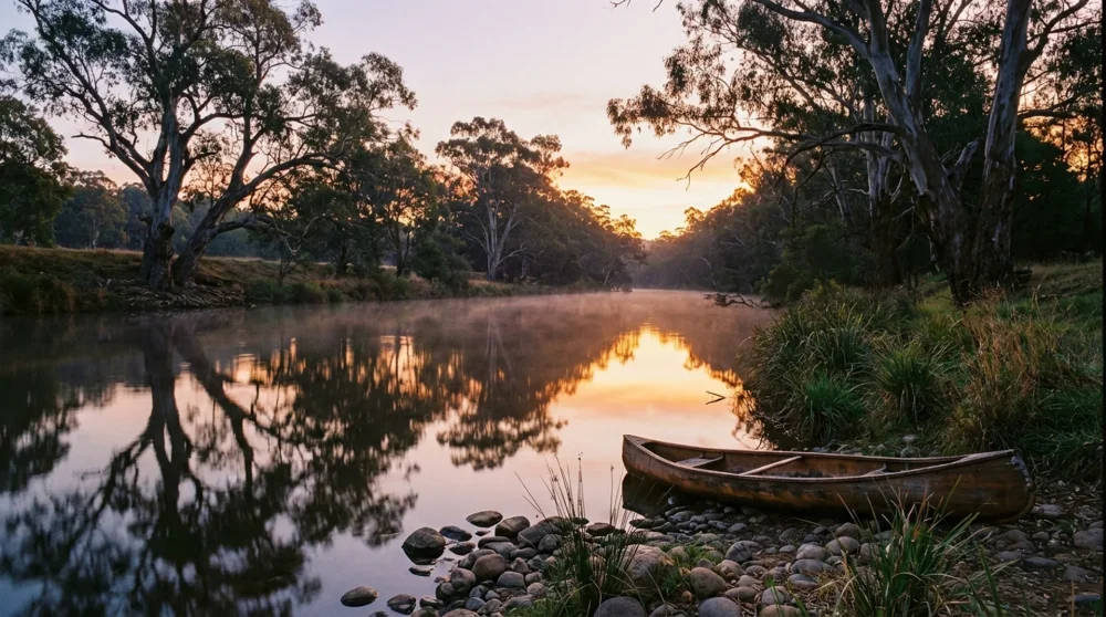 Serene view of the Yarra River flowing through Warrandyte surrounded by lush green eucalyptus trees at sunset