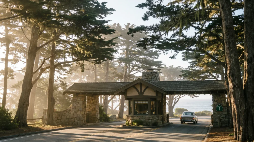 The forested entrance of Highway 1 Gate at Pebble Beach with clear directional signs and Monterey Cypress canopy.