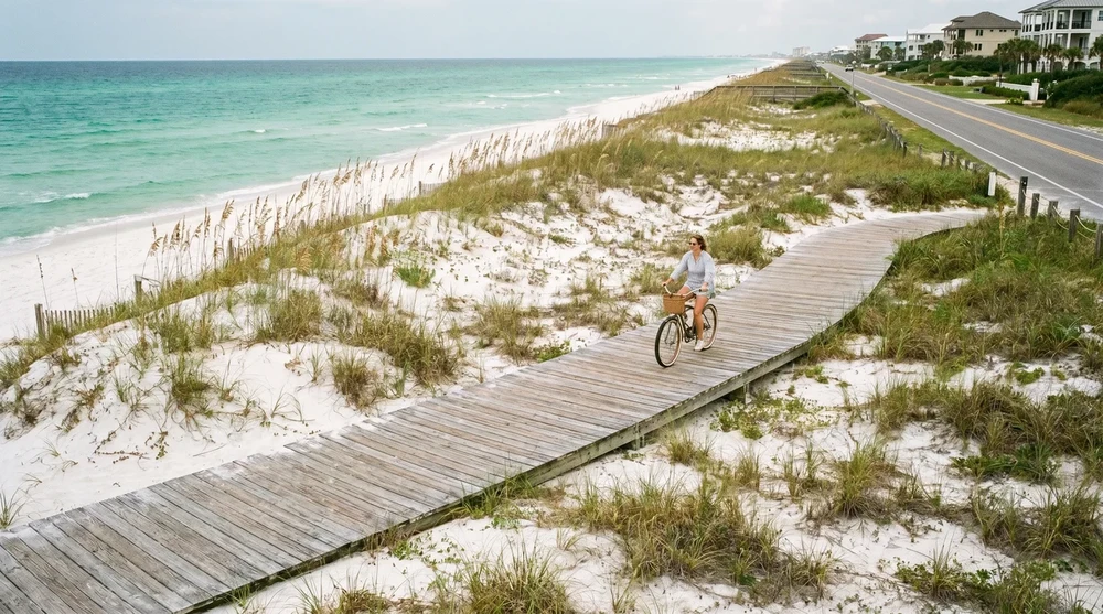 Woman cycling on a wooden boardwalk along the white sand dunes and emerald water of 30A Florida