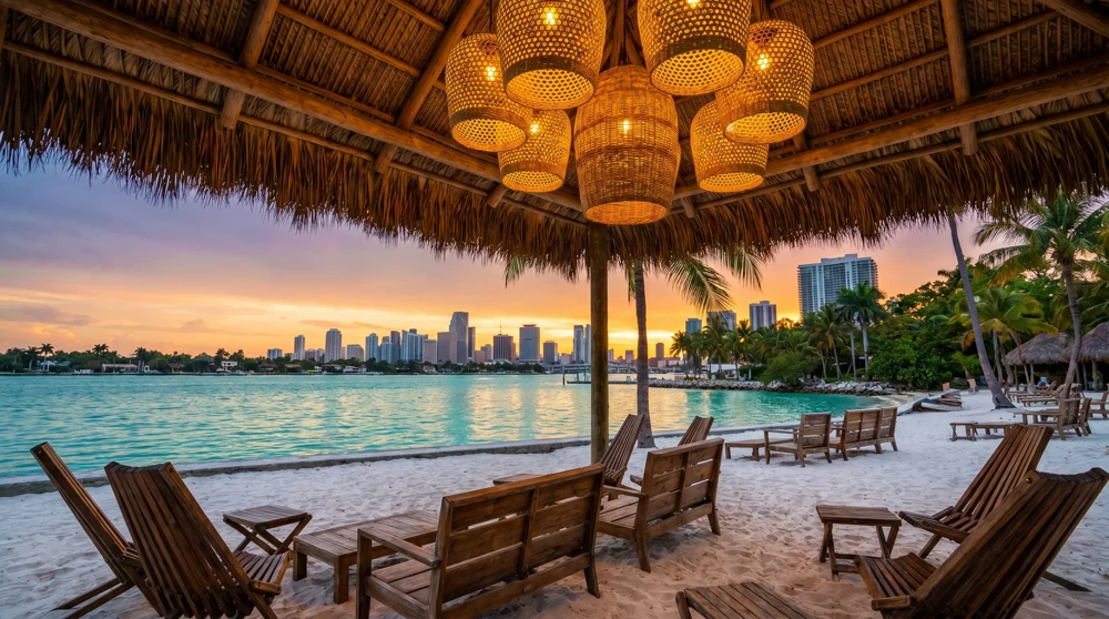 Joia Beach lounge on Jungle Island featuring rustic decor and views of the Miami downtown skyline