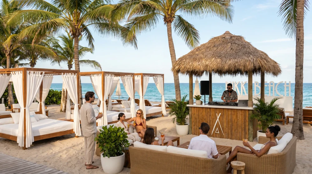Exclusive white cabanas and stylish daybeds at Nikki Beach club in South Beach Miami