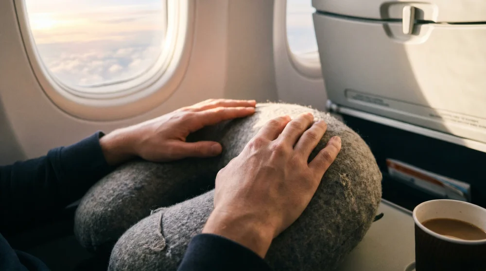 First person view of a passenger sitting calmly in an airplane cabin with soft natural lighting