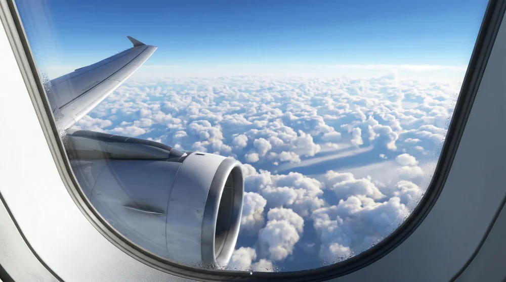 Serene view of clouds and blue sky from an airplane window during a stable flight