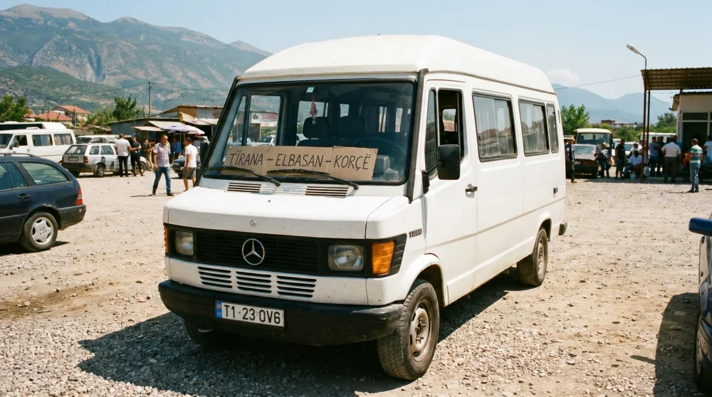 A traditional Albanian furgon minibus with a destination sign in the windshield