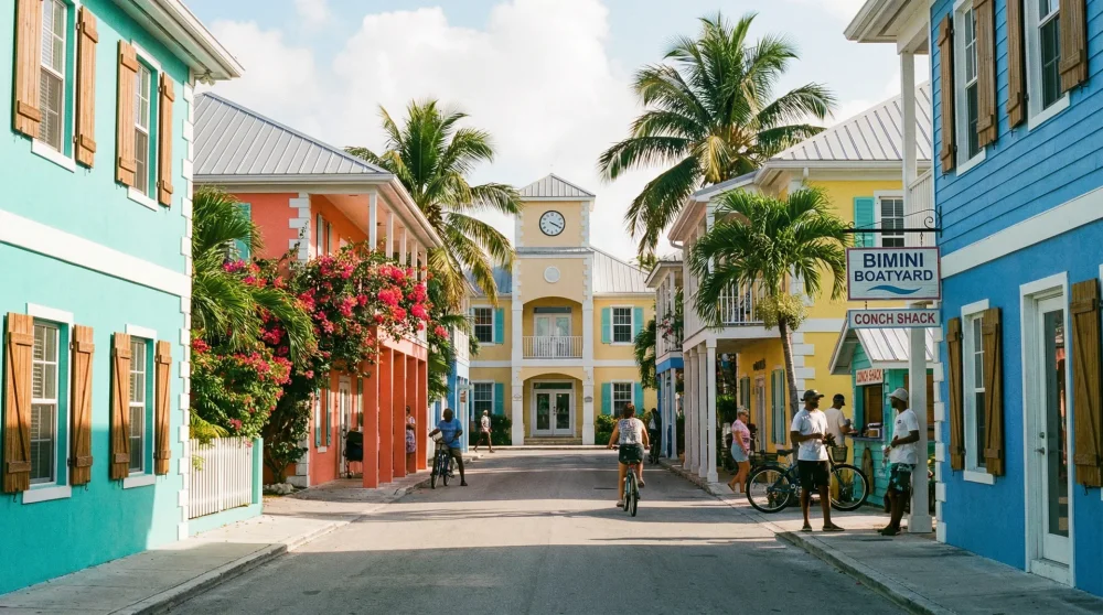 Colorful Caribbean architecture and tropical streets in Alice Town North Bimini