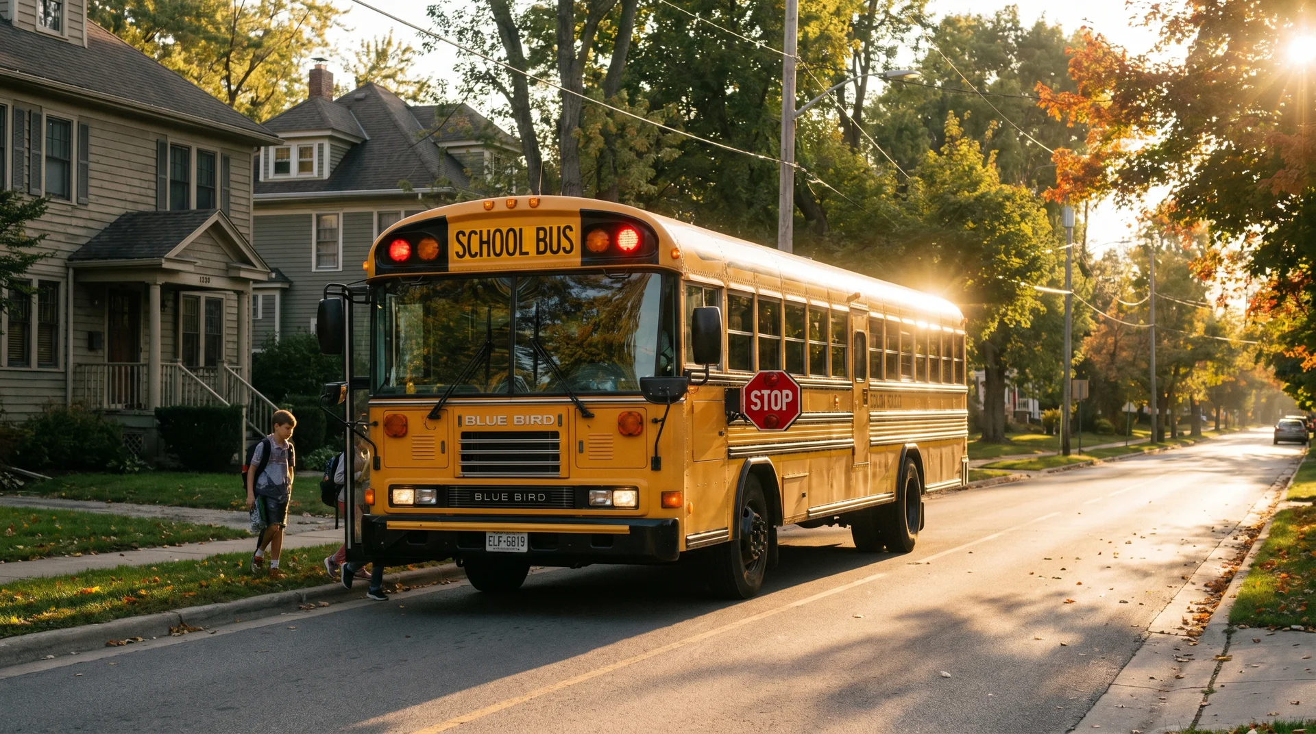 Yellow school bus on an American road with red flashing lights and stop sign extended for safety