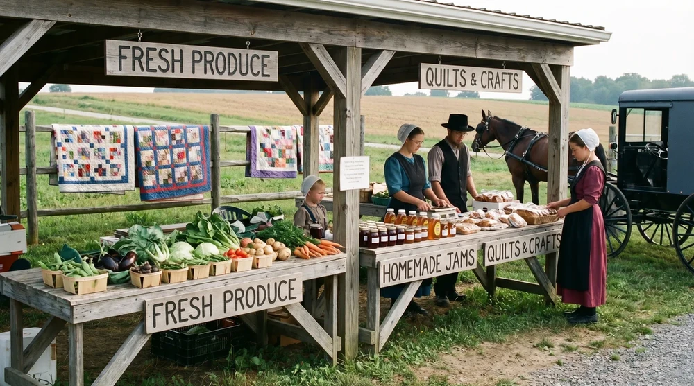 An Amish family selling fresh produce, homemade jams, and handstitched quilts at a roadside farm stand with a horse and buggy nearby