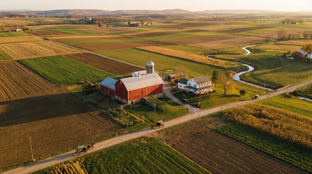 Aerial view of an Amish farmstead at golden hour with a red barn, white farmhouse, and hand-plowed fields stretching across the landscape