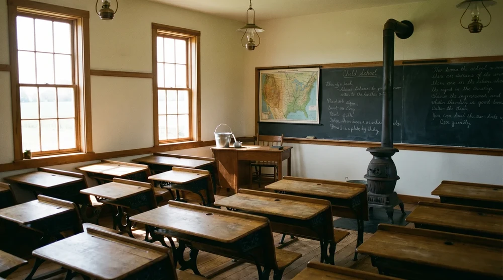 Interior of a traditional Amish one-room schoolhouse with wooden desks, a chalkboard, and a wood-burning stove
