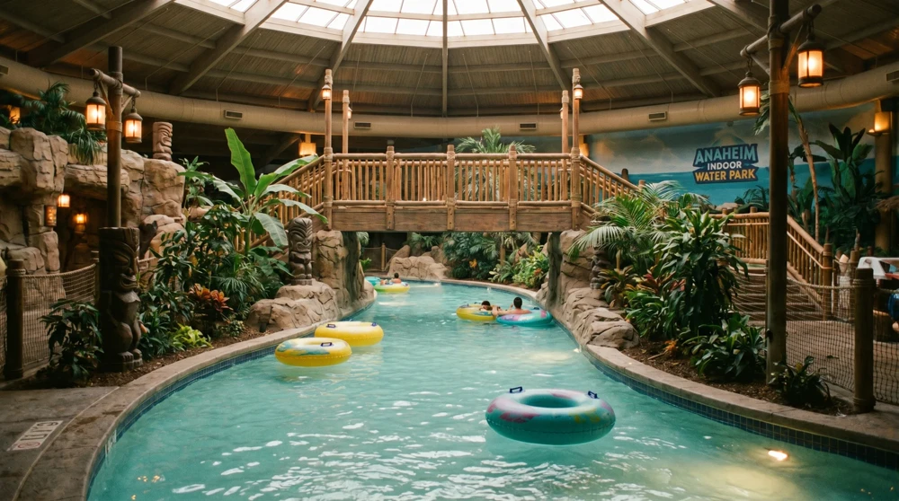A relaxing lazy river ride with inner tubes inside the Great Wolf Lodge Anaheim facility