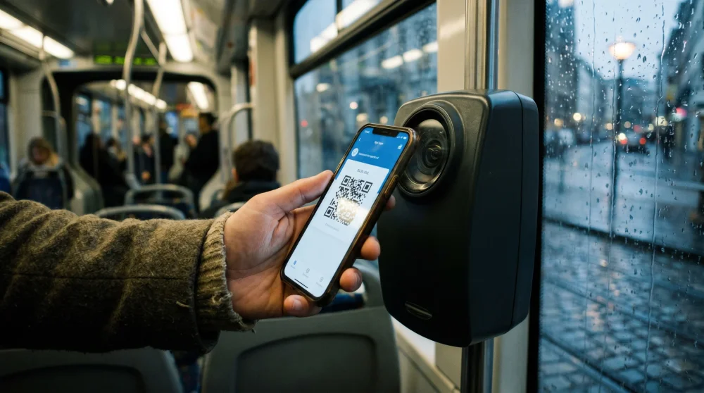 A tourist scanning a digital Antwerp City Pass QR code on a smartphone inside a tram
