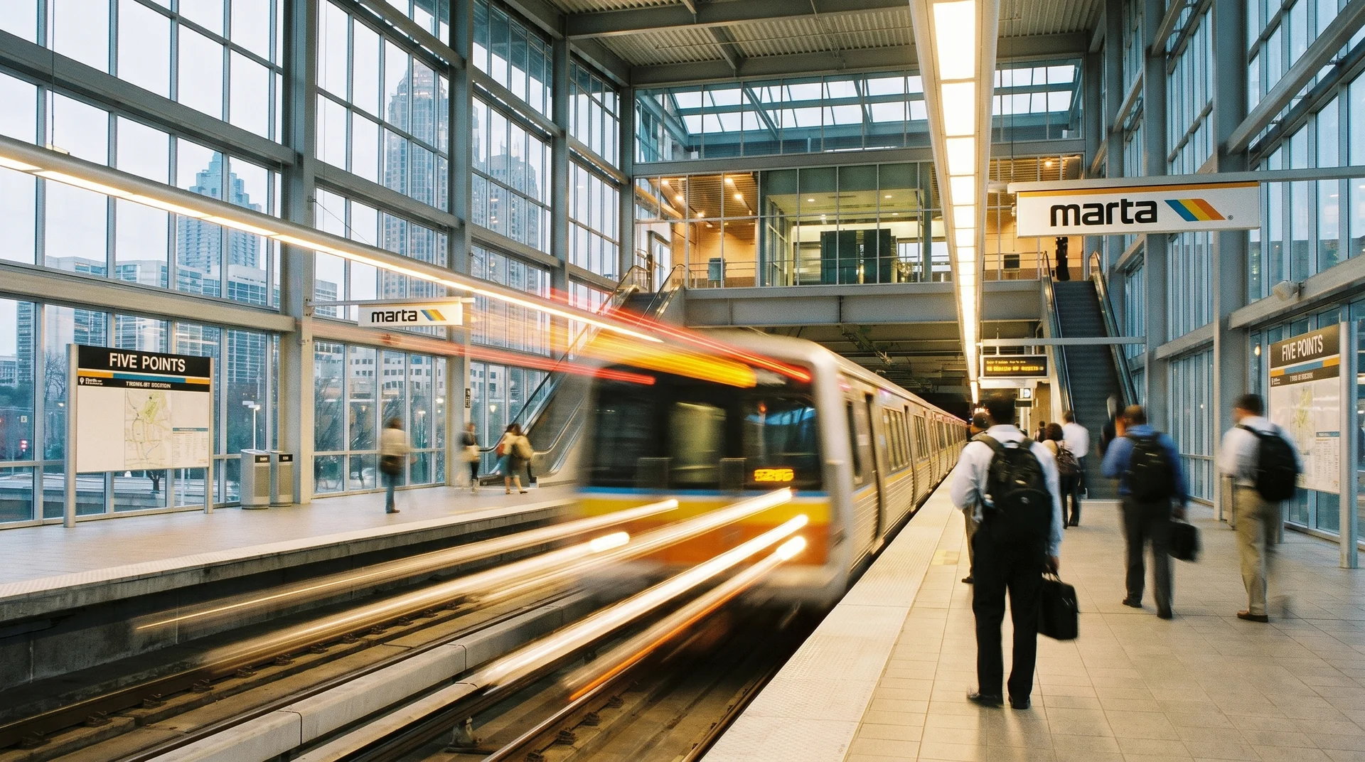 MARTA train arriving at a station platform during a busy event night in Atlanta