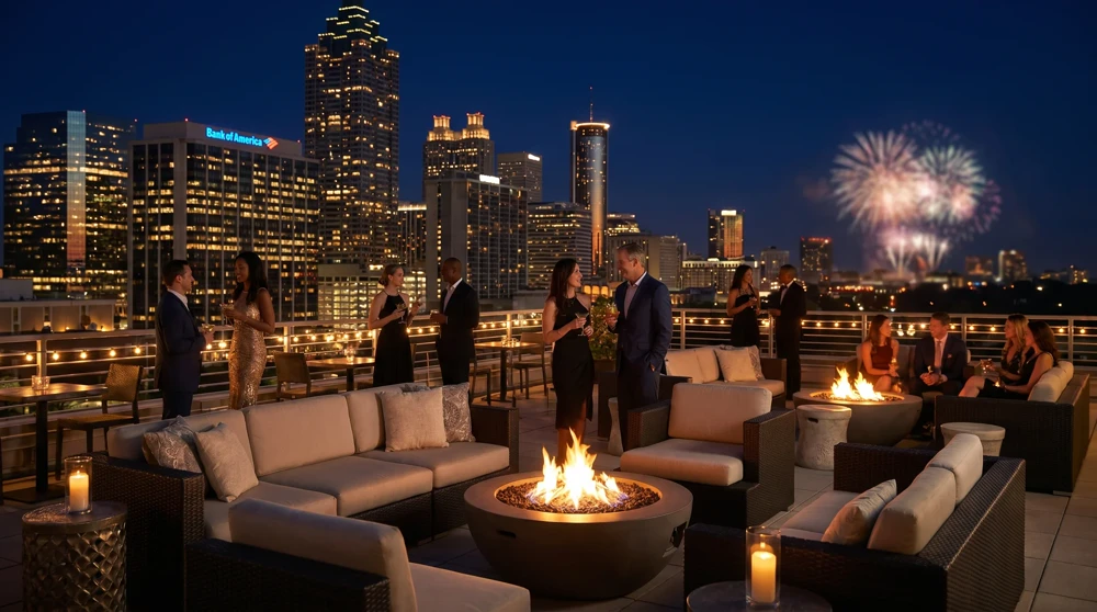 Night view from an Atlanta rooftop lounge overlooking the city lights and fireworks