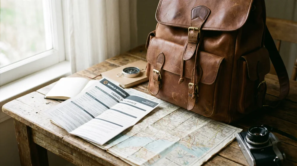 Close-up of a travel insurance policy on a table with a vintage backpack and maps