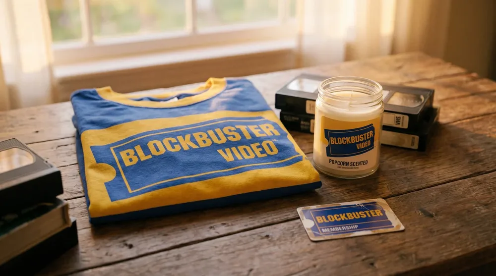 Official Blockbuster branded t-shirt and movie theater scented souvenirs from the Bend Oregon store