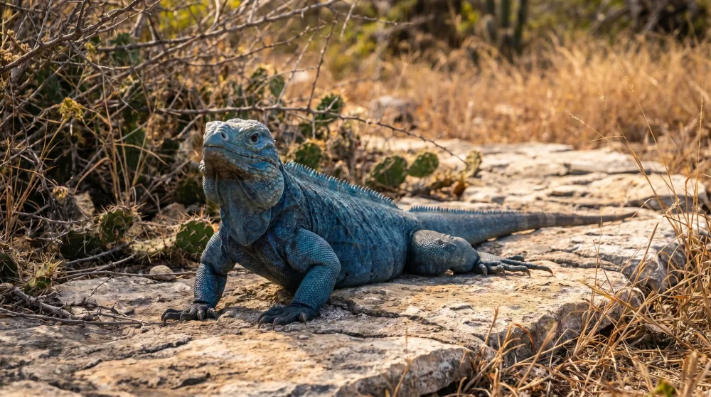 Großer blauer Leguan mit strukturierter Haut auf flachen Kalksteinfelsen auf den Kaiman-Inseln