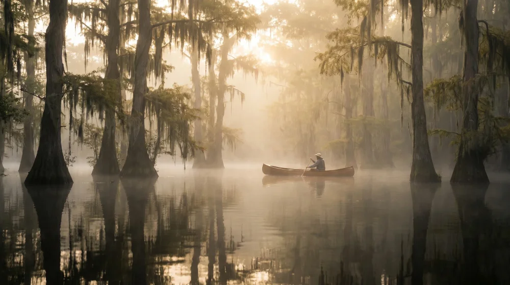 Ancient cypress trees with Spanish moss in the misty waters of Caddo Lake Texas