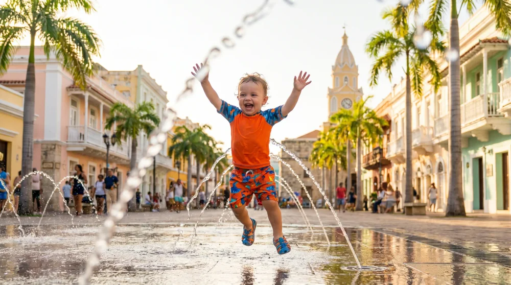 Young child playing in the interactive ground fountains at Camana Bay in Grand Cayman