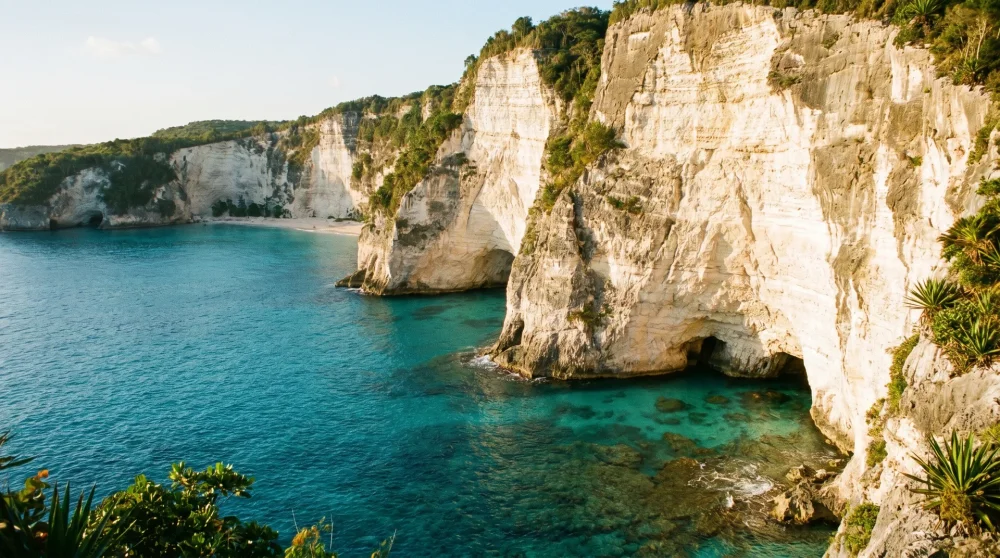 Dramatische weiße Kalksteinklippen über türkisfarbenem Karibikwasser an der Ostküste von Cayman Brac