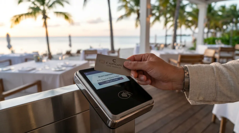 A traveler using a credit card at a payment terminal in Grand Cayman to pay for a meal