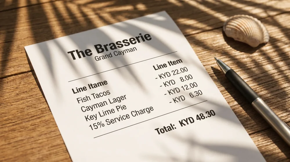 Close up of a restaurant receipt in Grand Cayman highlighting the automatic service charge line item