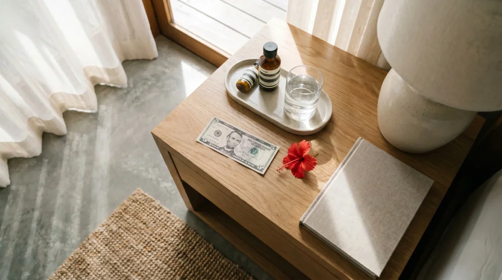 A cash tip placed on a hotel room nightstand for housekeeping staff in a luxury resort