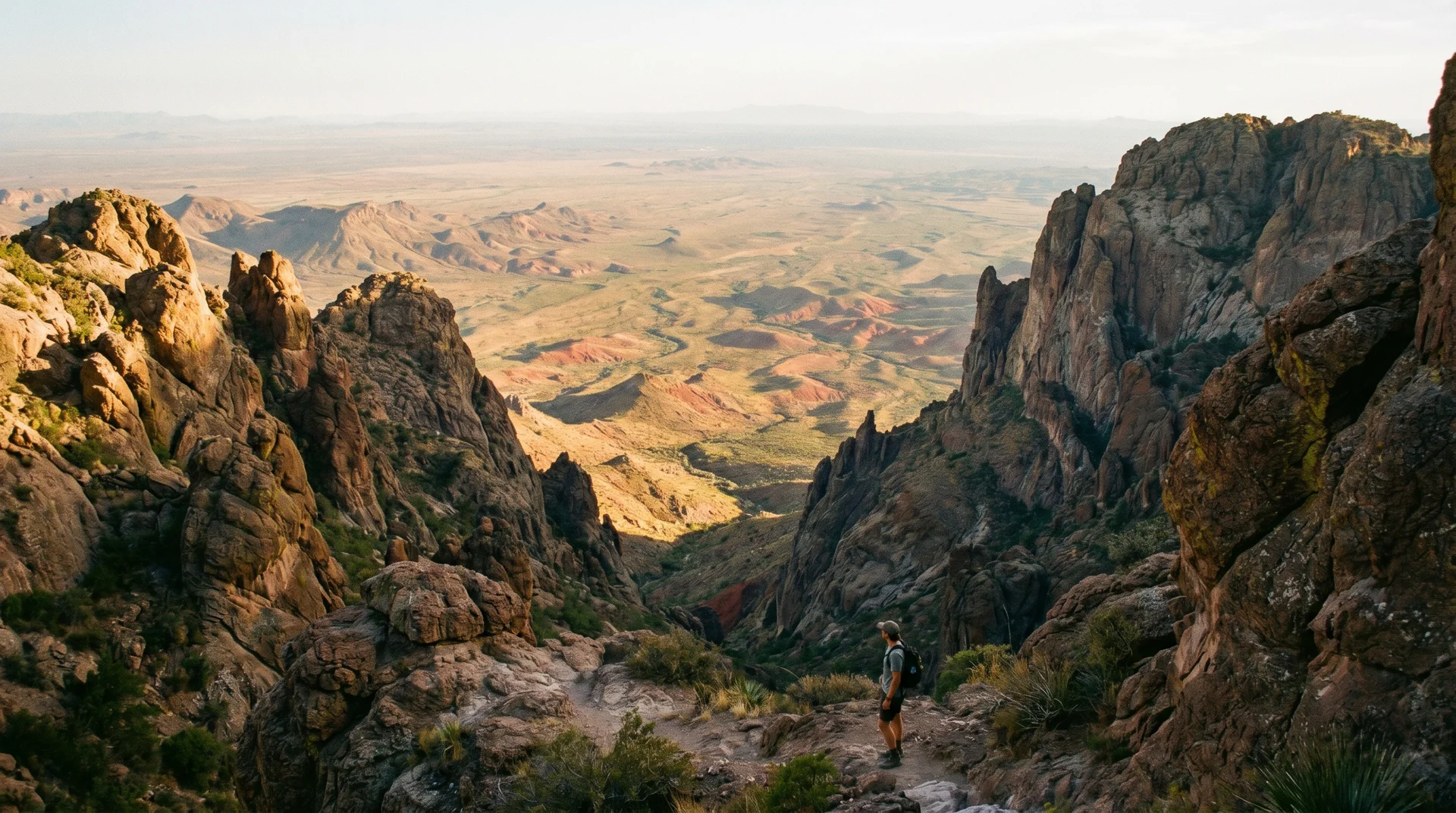 The iconic V-shaped mountain notch of The Window Trail overlooking the desert floor in Big Bend.