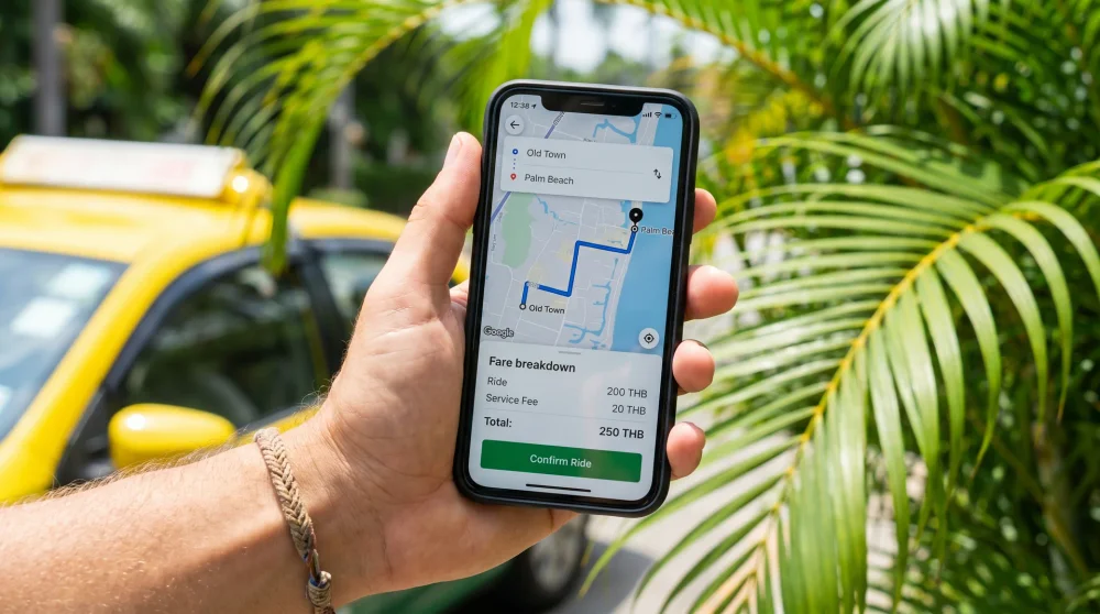 Nahaufnahme der CI:GO Taxipreisrechner-App auf einem Smartphone mit offiziellem Regierungstarif für eine Route auf Grand Cayman