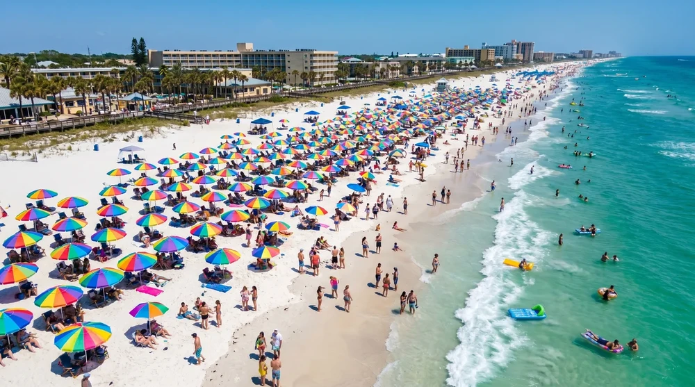 Aerial view of crowded Florida beach packed with colorful umbrellas and swimmers in turquoise Gulf water