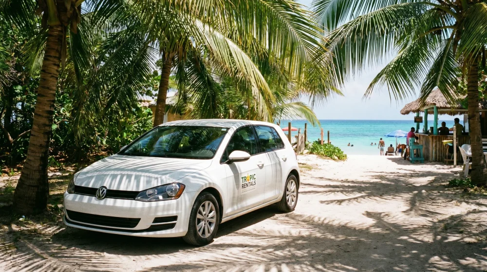 Kompakter Mietwagen unter Palmen auf einem tropischen Strandparkplatz auf Grand Cayman