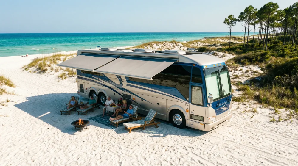 A premium motorhome parked directly on the white sands of Destin with turquoise ocean waves in the background
