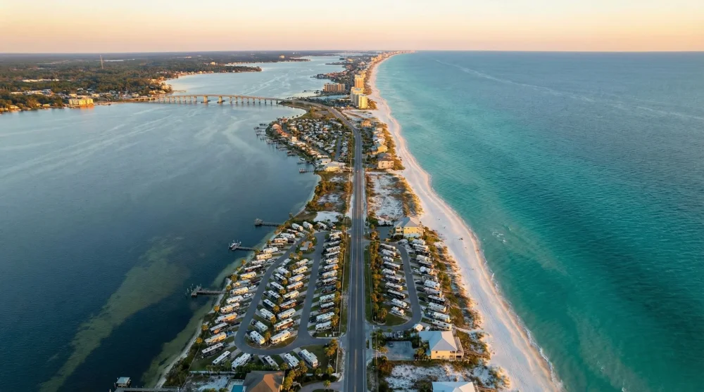 Aerial view of Destin Florida showing the geographic split between the Gulf of Mexico and Choctawhatchee Bay