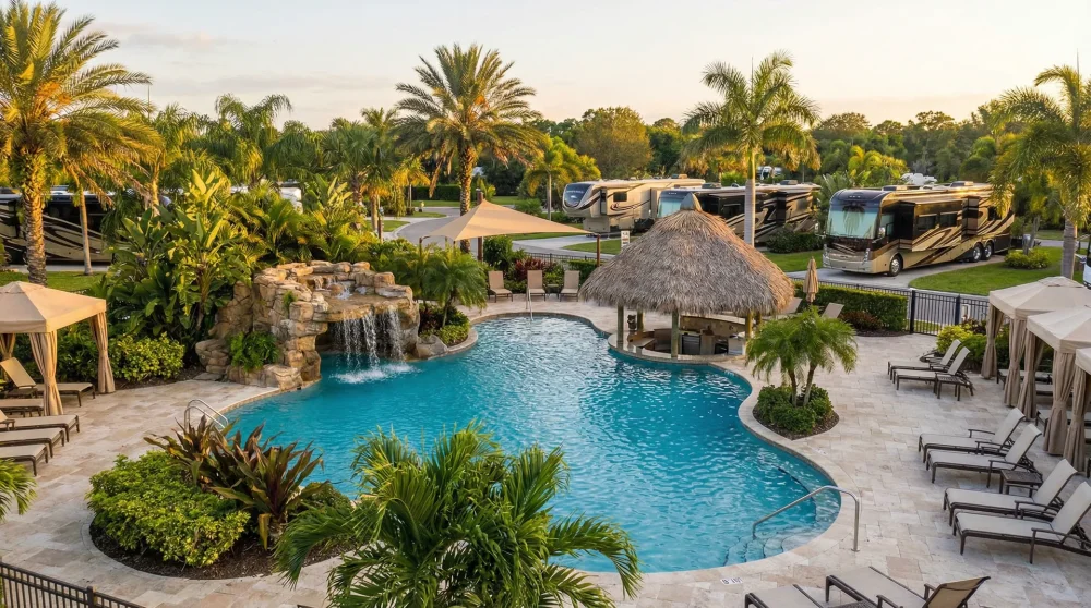 Luxury RV resort amenities featuring a large grotto waterfall pool and tropical palm trees in Destin