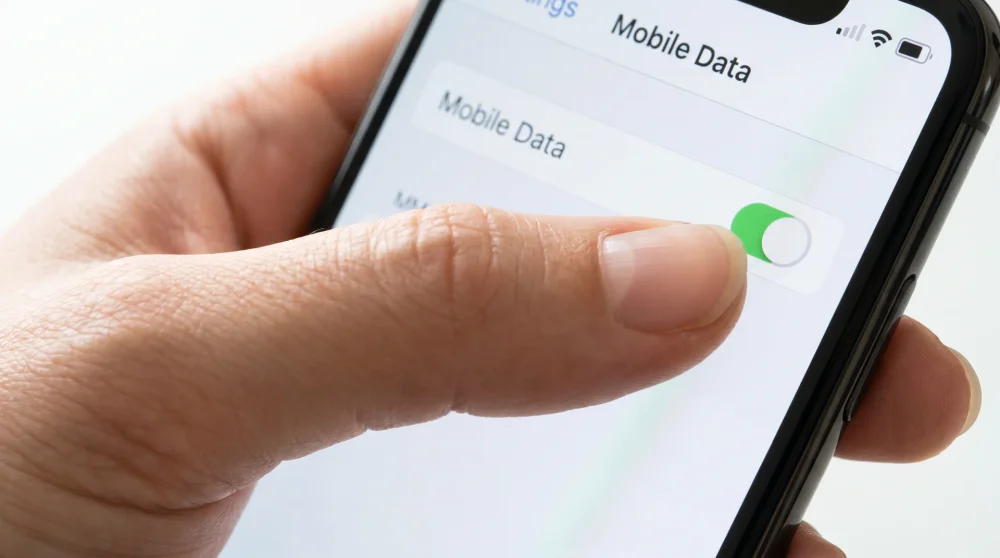 Close up of a person turning off mobile data on their smartphone settings to prevent balance drain
