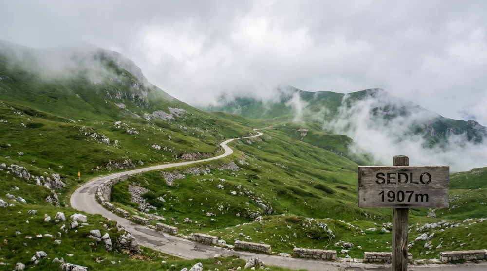 Narrow road passing through the rugged green peaks of Sedlo Pass in Durmitor National Park Montenegro