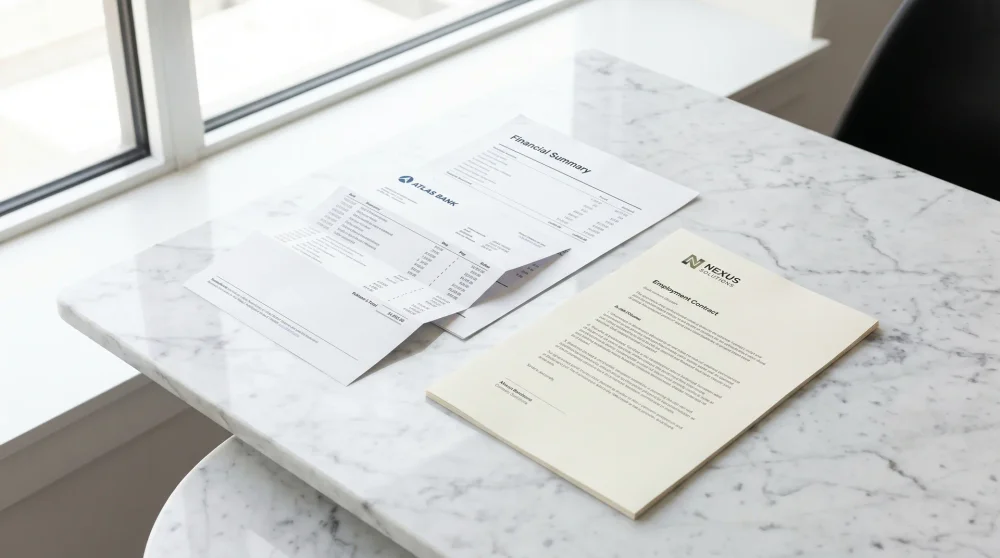 Employment contract and bank statements prepared for Indonesia E33G visa application