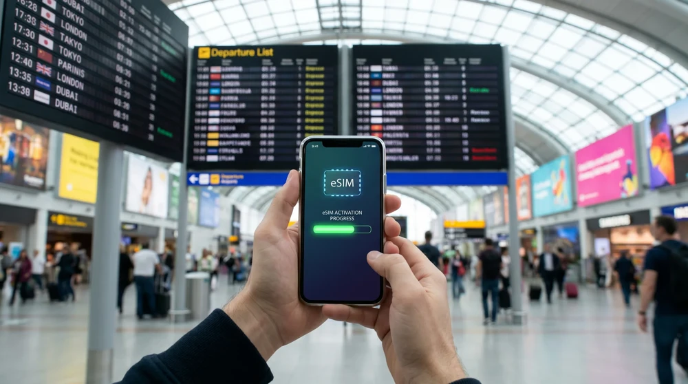 A traveler activating an eSIM on their smartphone in a busy airport terminal.