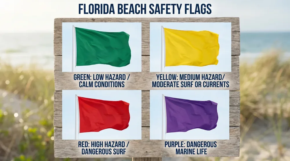 Informative display of Florida beach safety flags showing green yellow red and purple warning symbols.