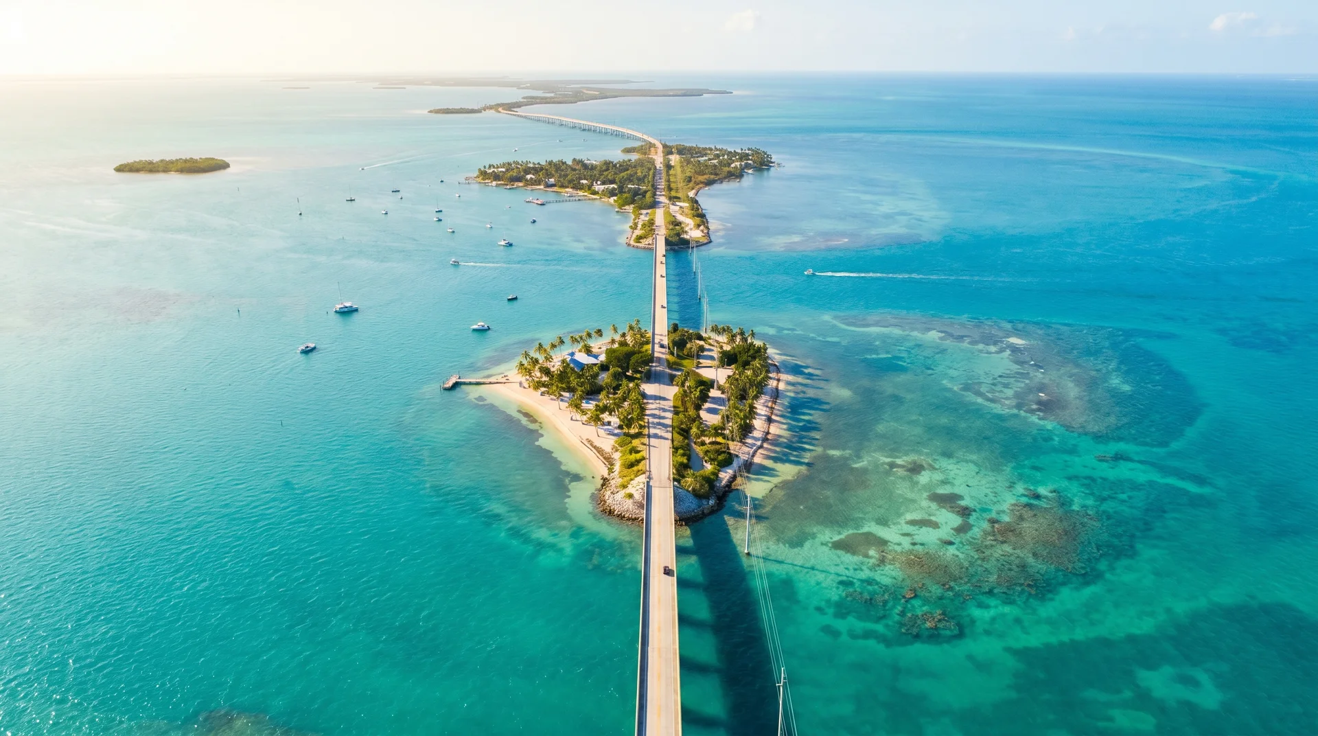 Aerial photography of the Florida Keys bridge and turquoise ocean water under bright sunlight.