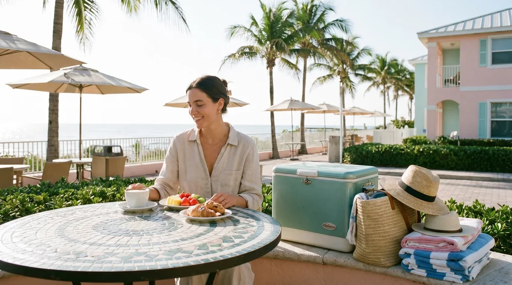 Woman having breakfast at outdoor table beside packed cooler and beach bag at a Florida beachfront resort
