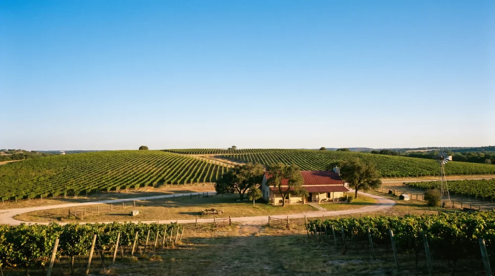 Expansive vineyards in Fredericksburg Texas Hill Country under a bright sky