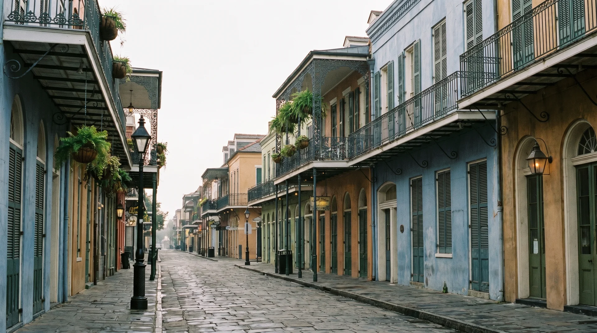 Historic architecture and balconies of the French Quarter in New Orleans during a mild winter morning.