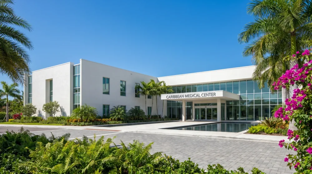 Modern George Town Hospital exterior with tropical landscaping in Grand Cayman