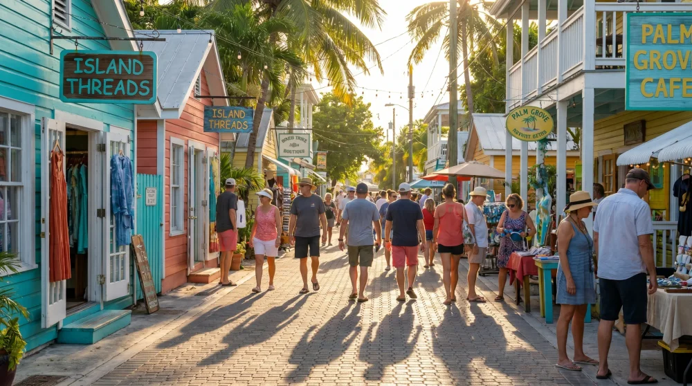 Pedestrian shopping street in George Town with small luxury boutiques under golden afternoon light