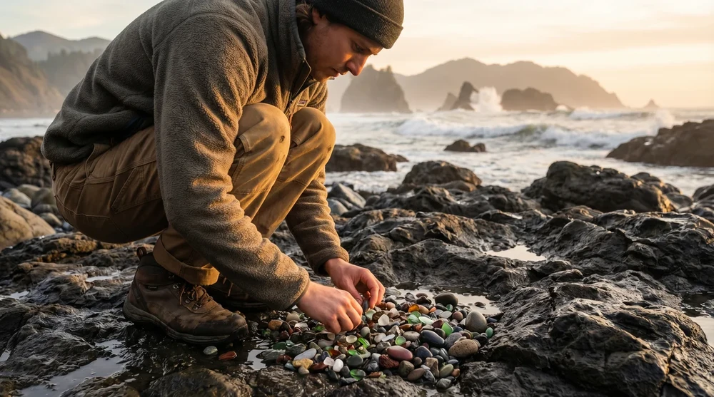 A person crouching on a rocky shoreline at Glass Beach Fort Bragg, carefully picking through pebbles and sea glass at sunset